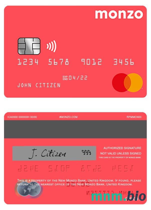 United Kingdom Monzo bank debet przykład karty mastercard w formacie PSD